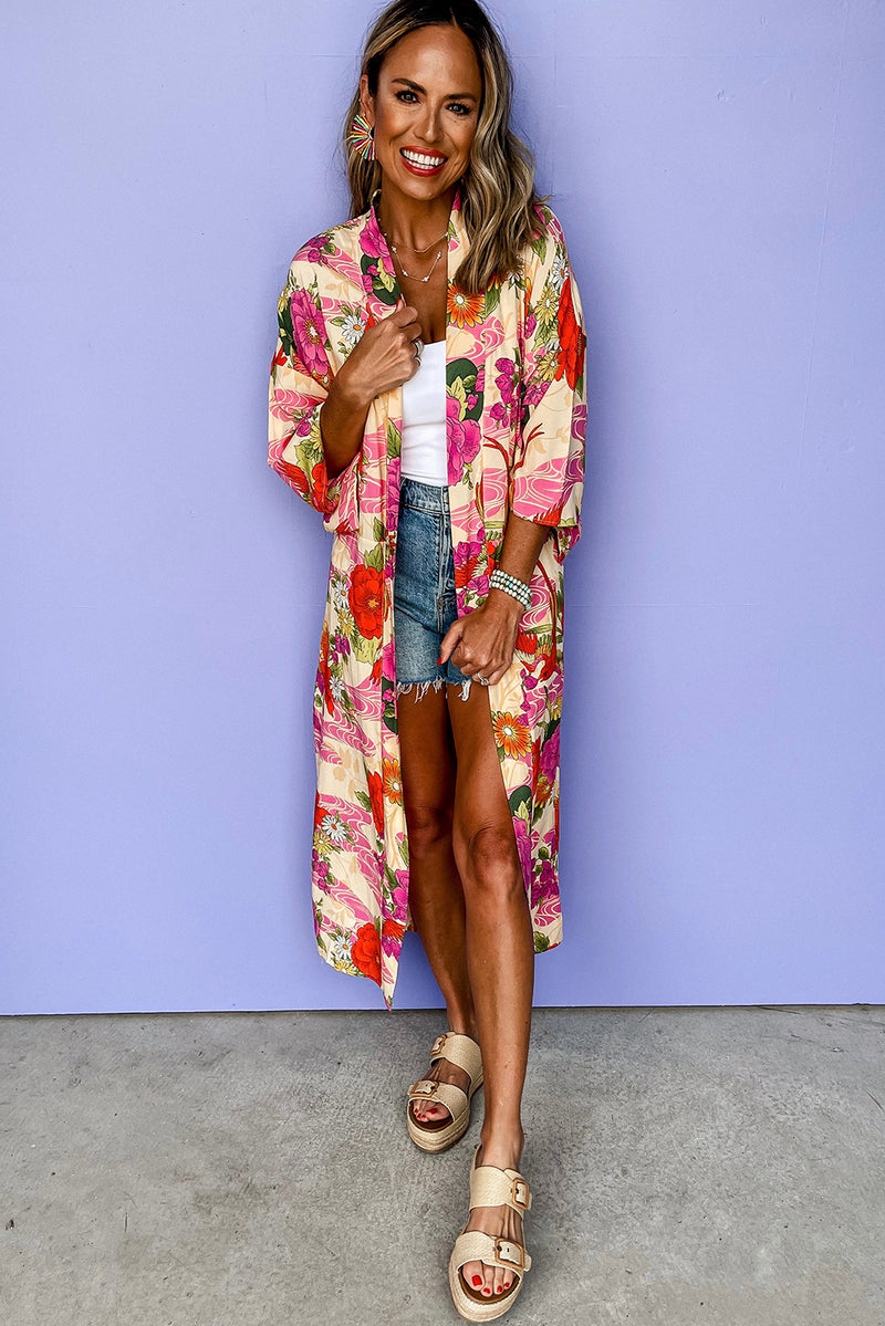 Pink Floral Allover Print Open Front Belted Duster Kimono