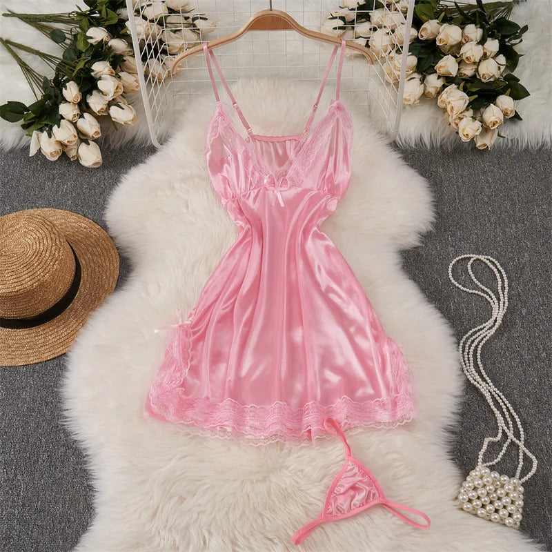 Deep V-neck Slim Fit High Waist Strap Dress Lace Patchwork Satin Sleepwear Sexy Elegant Retro Sleepdress Sleepwear Women Pajama