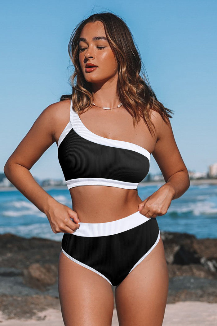 Black One Shoulder Patchwork High-waisted Bikini Set