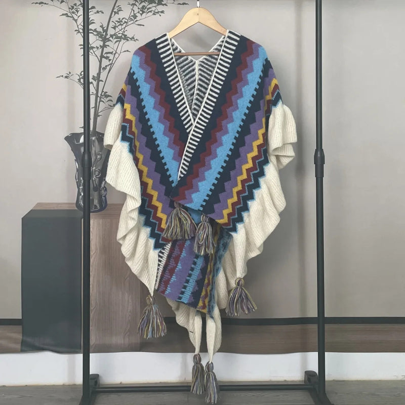 Women Ethnic Style Poncho Capes Ladies Fashion Stripe Colorful Knit Oversized Poncho Wrap Fringed Shawl Bohemian