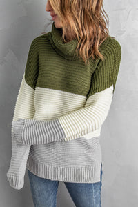 Green Turtleneck Color Block Pullover Sweater