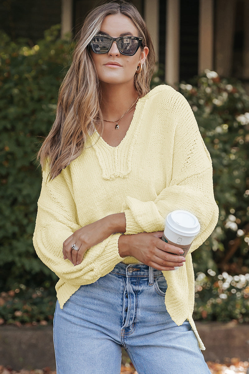 Beige Oversized Balloon Sleeve Hooded Sweater