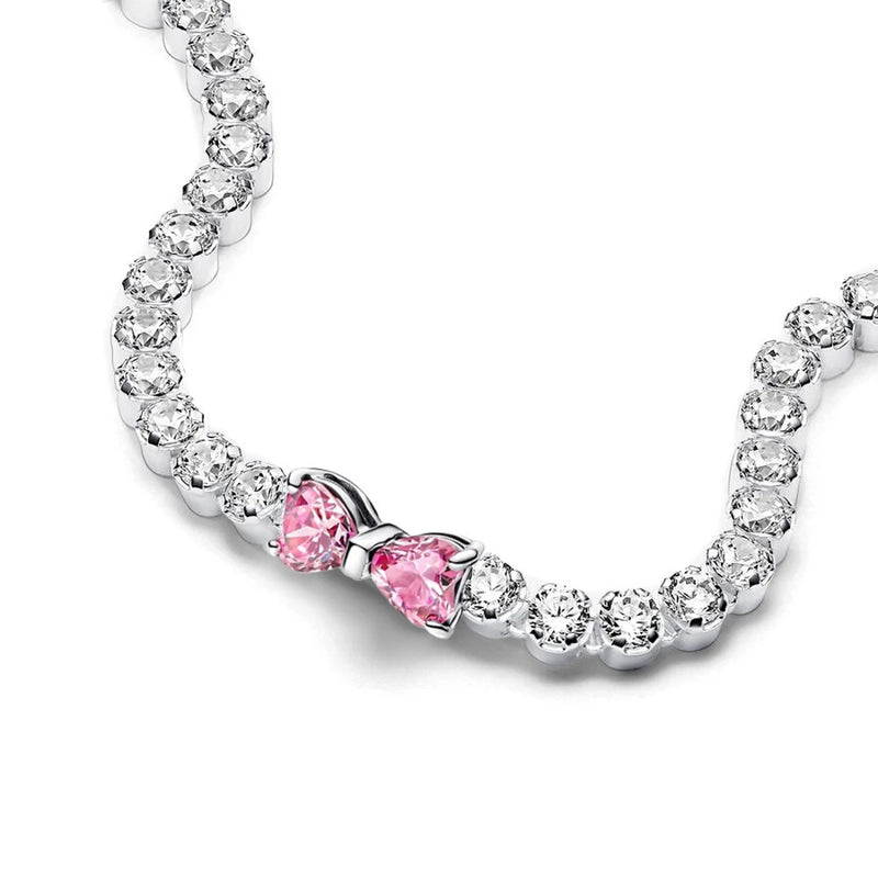 2024 New 925 Silver Pink Bow Full Diamond Bracelet Original 17-20CM Fit DIY Charm Women Birthday Jewelry Valentine's Day Gifts