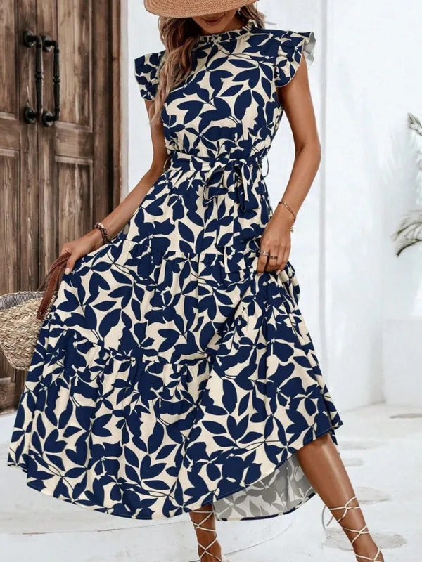 Elegant Women's Flower Midi Dress New Summer Fashion Stand Collar Flying Sleevel Lace Up Dress Casual Beach Holiday Dresses Robe