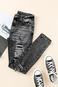 Gray Acid Wash High Rise Ripped Skinny Jeans