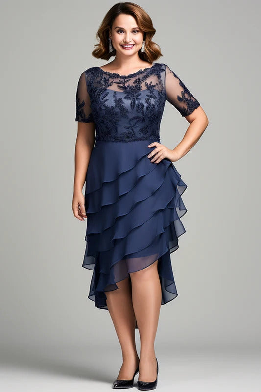 Flycurvy Plus Size Wedding Guest Navy Blue Chiffon Lace Layerd High Low Hem Midi Dress