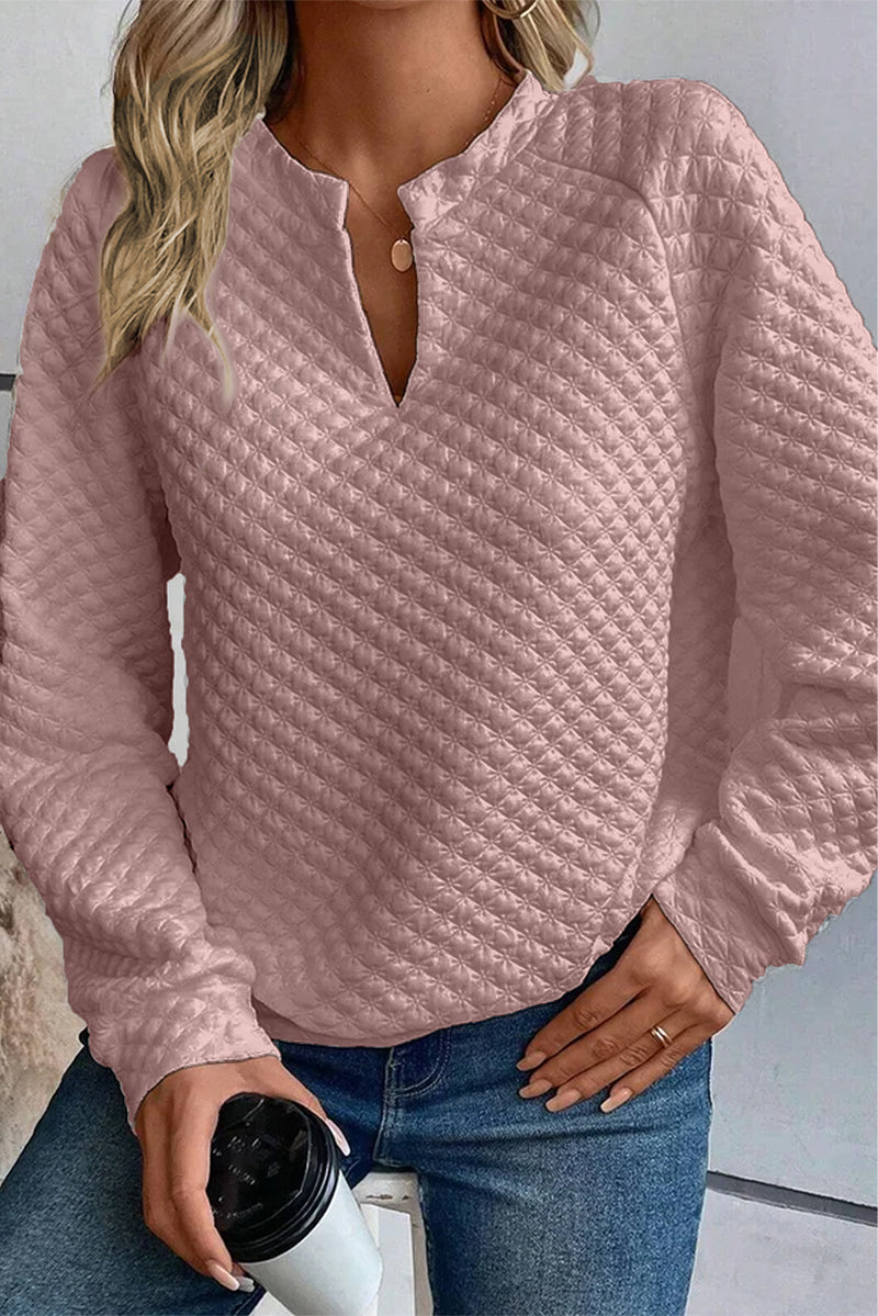 Light Pink Split Neck Quilted Long Sleeve Top