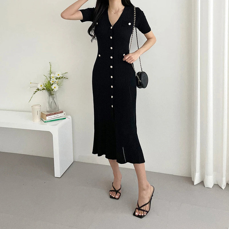 Summer Midi Dress Women Knitted Black Bodycon Korea Style Ruffle Ladies Dresses Elegant Fashion Casual Woman Dress 2024