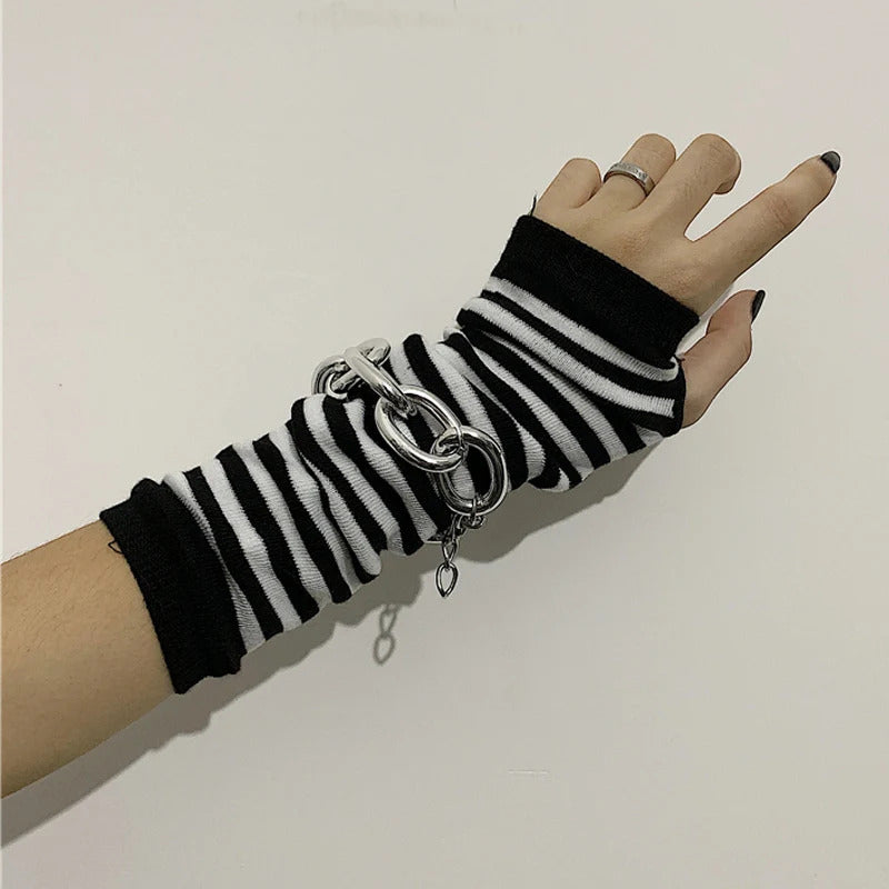 Punk Long Sleeves Fingerless Gloves Cuff for Women Men Stripe Hip-Hop Knitted Elbow Mittens Elastic Winter Arm Warmer Outdoor