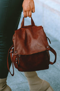 Brown Retro PU Leather Large Capacity Backpack