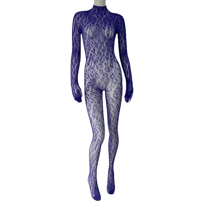 Sexy Lace See Through Bodysuit Long Sleeve Fishnet Jumpsuits Elastic Night Club Jump Suits for Women Sexy Pole Dancing Overalls