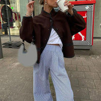 Retro Chocolate Stand Collar Wool Blend Coat Women Chic Single Breasted Long Sleeve Pocket Jacket New Lady Commute Streetwears