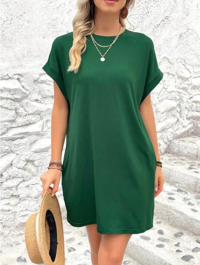 Pure Color Minimalist T-Shirt Short Dress Women Summer Round Neck Pocket Loose Dresses Robe