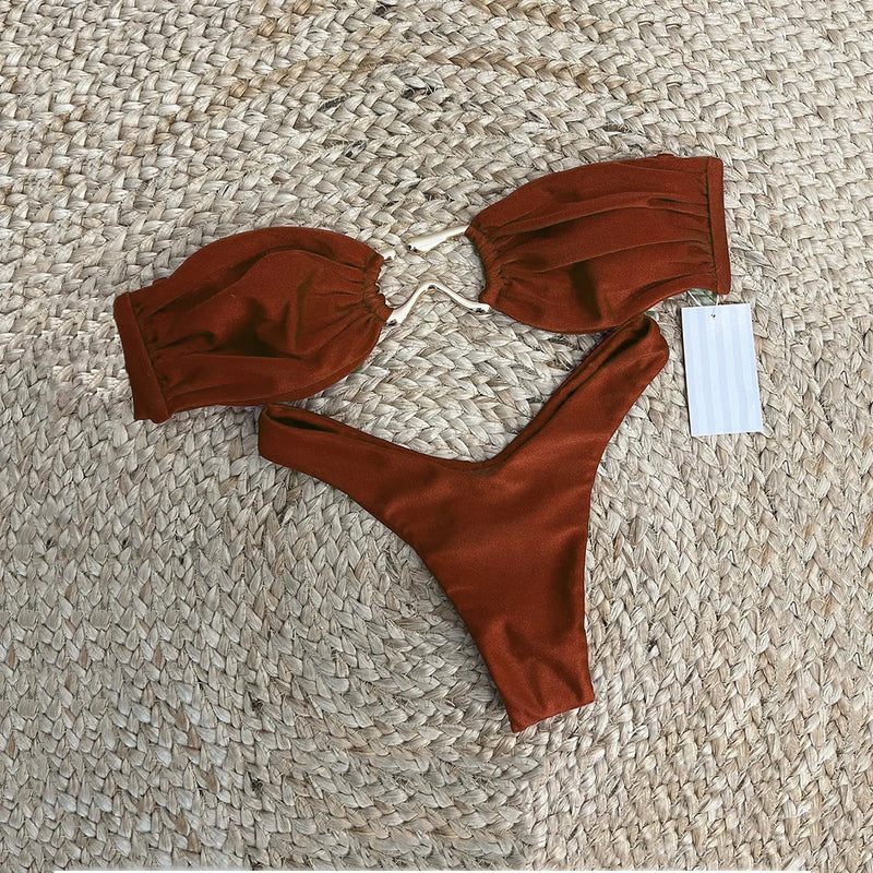 Bandeau Bikini Sexy Women Swimsuit Female Swimwear 2024 Bikini Set Push Up Swimming Suit Solid Beachwear Brazilian Thong Biquini