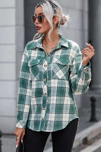 Green Plaid Pattern Flap Pockets Shirt