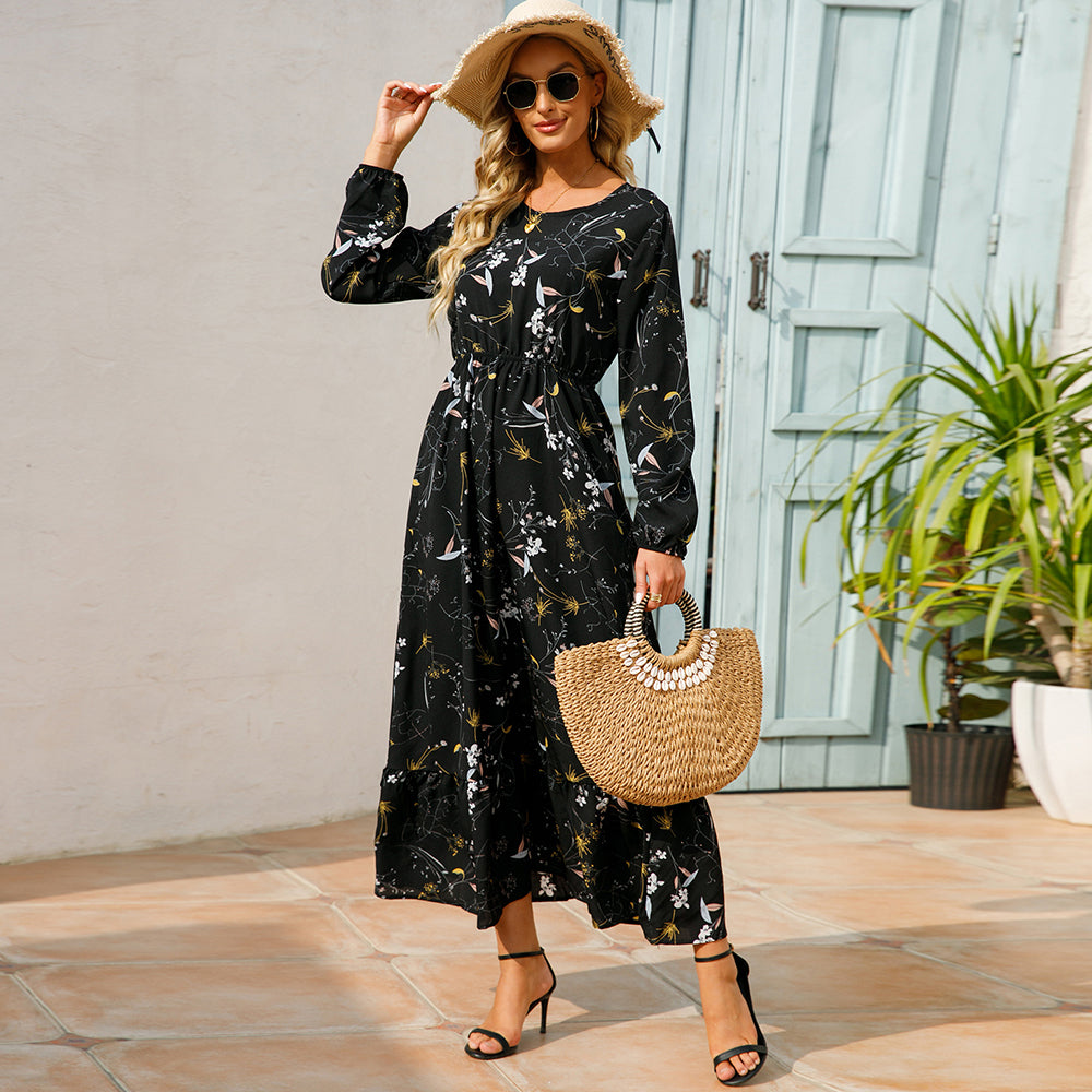 Women Maxi Dresses Sping Autumn Bohemian Casual Full Sleeve High Waist Beach Woman Chiffon Dresses Floral Vestidoes Long Dress