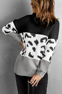 Black Turtleneck Splicing Chunky Knit Pullover Sweater