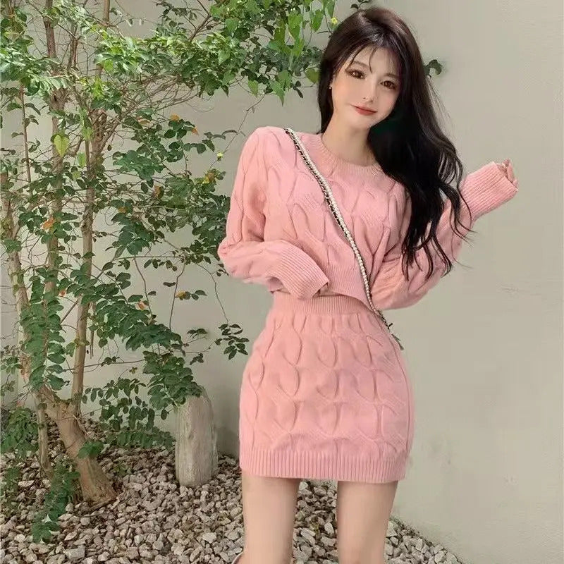 Two Piece OF Pullover Autumn/Winter Knitted Sweater Set Pure Desire Short Sweater Sexy Spicy Girl Arm Wrap Skirt Sweater Female