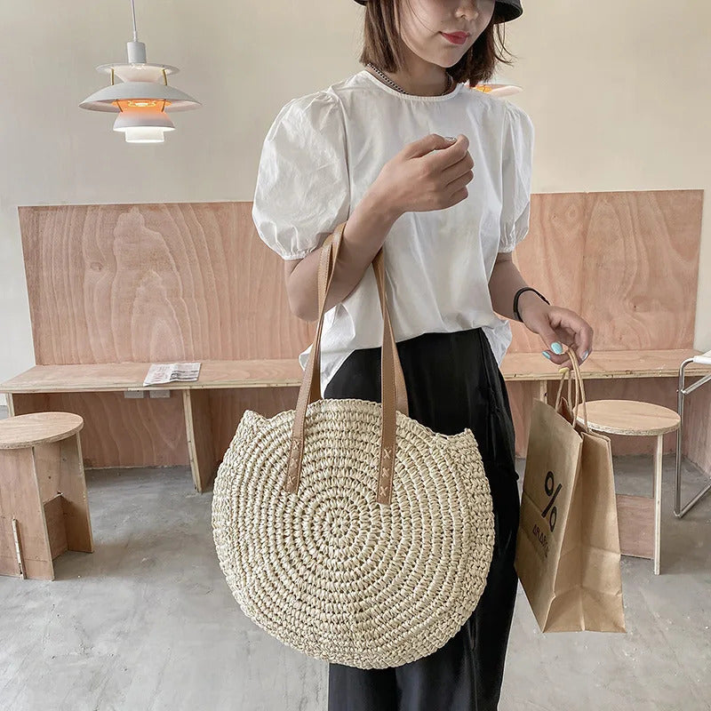 Summer Round Straw Women Vacation Woven Beach Shoulder Bag Large Capacity Hollow Out Simple Tote Bag