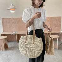 Summer Round Straw Women Vacation Woven Beach Shoulder Bag Large Capacity Hollow Out Simple Tote Bag