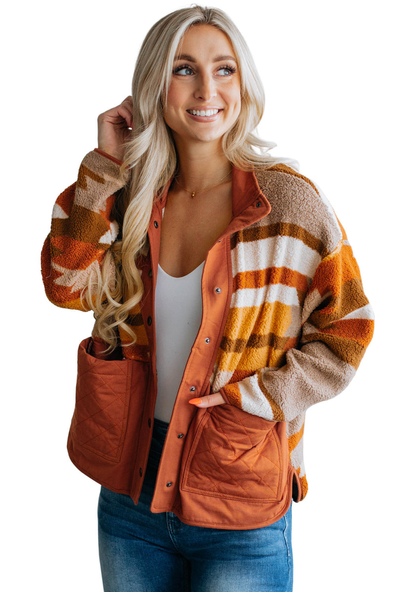 Brown Quilted Patch Pockets Aztec Furry Jacket