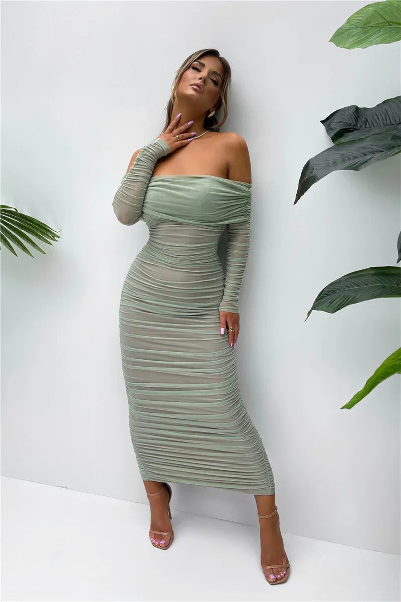 Mozision Off-shoulder Long Sleeve Sexy Maxi Dress For Women Autumn New Strapless Backless Bodycon Ruched Party Long Dress