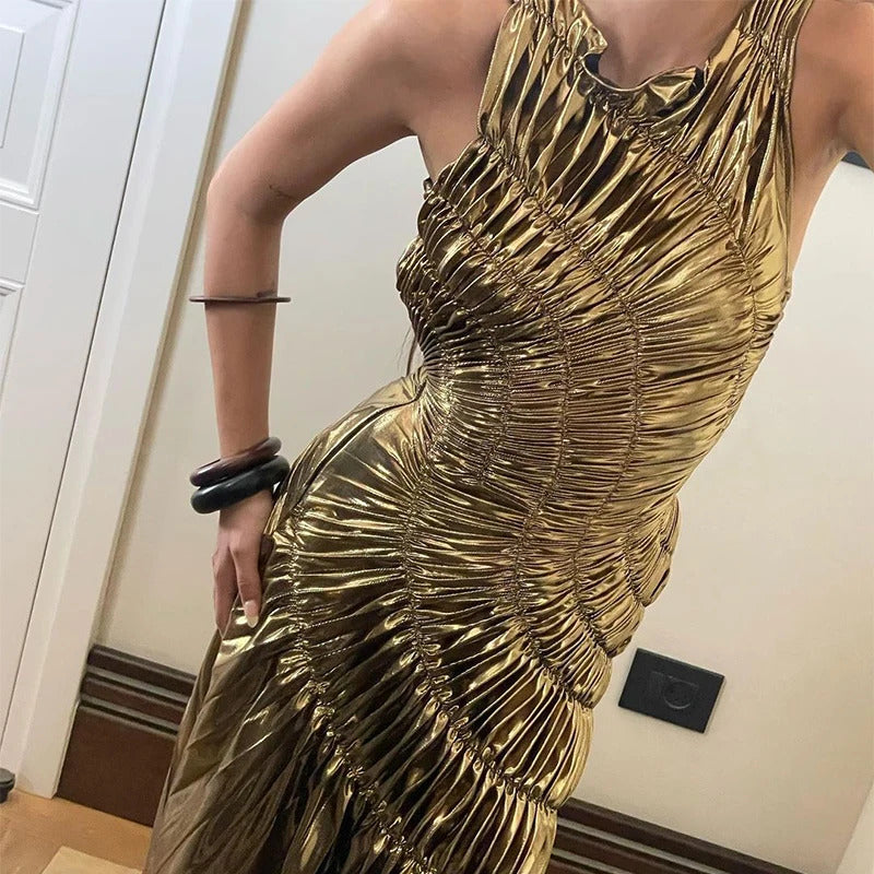 Gold Irregular Pleated Maxi  For Women Chic Round Neck Sleeveless Bodycon Robes New Lady Evening Party Dresses 2024