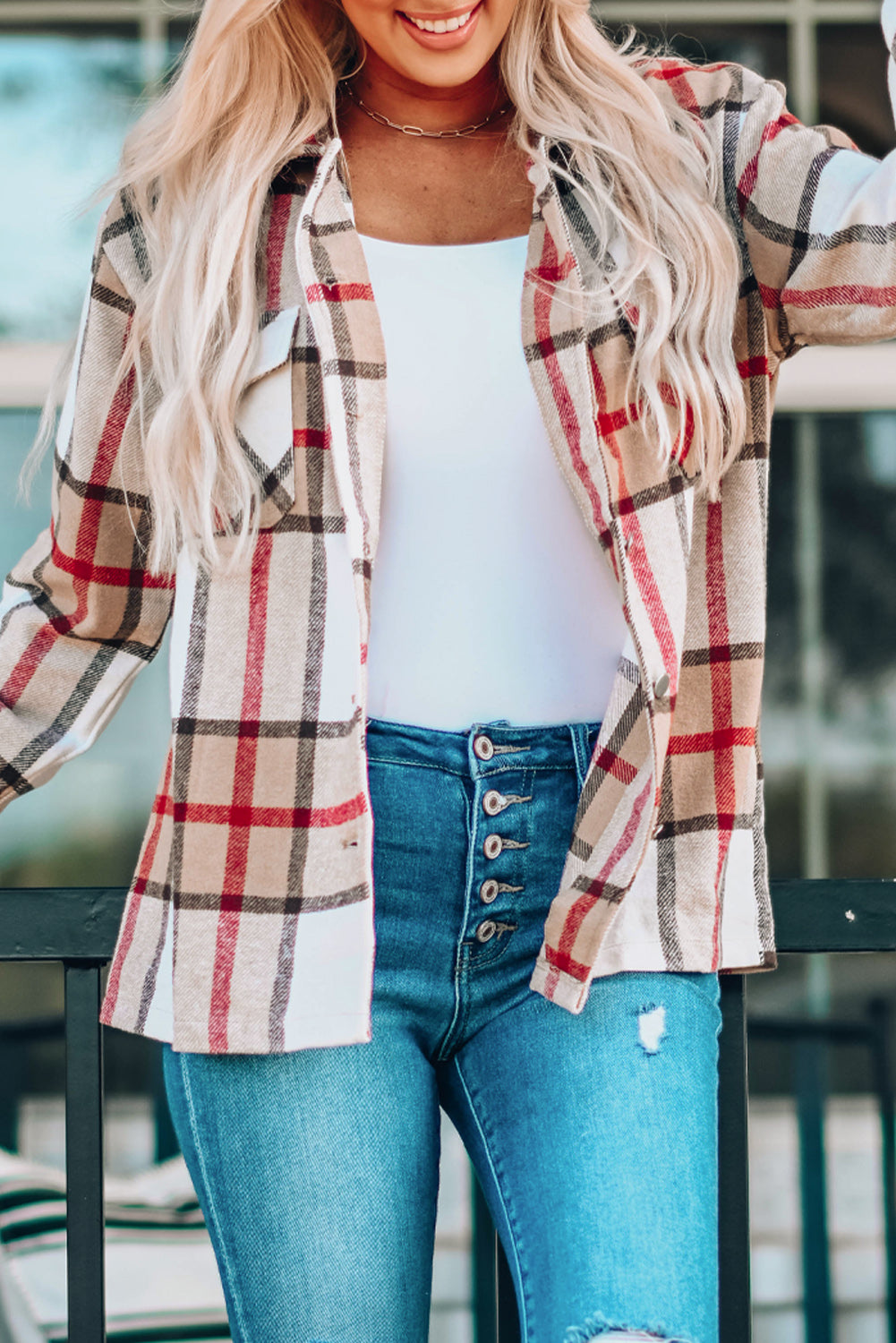 Green Plaid Print Buttoned Shirt Coat with Pocket