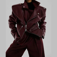 Women Burgundy Leather Double Zipper Motorcycle Jacket Fashion Loose Lapel Long Sleeve Pu Cropped Coats Autumn Female Streetwear