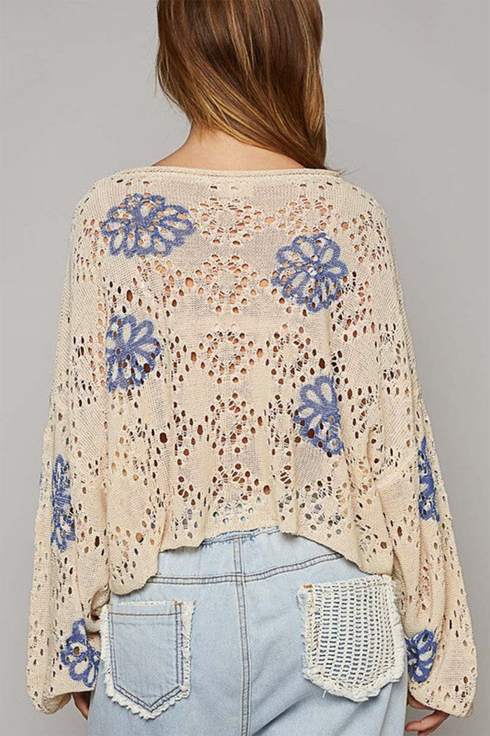 Beige Contrast Flower Print Eyelet Drop Shoulder Sweater