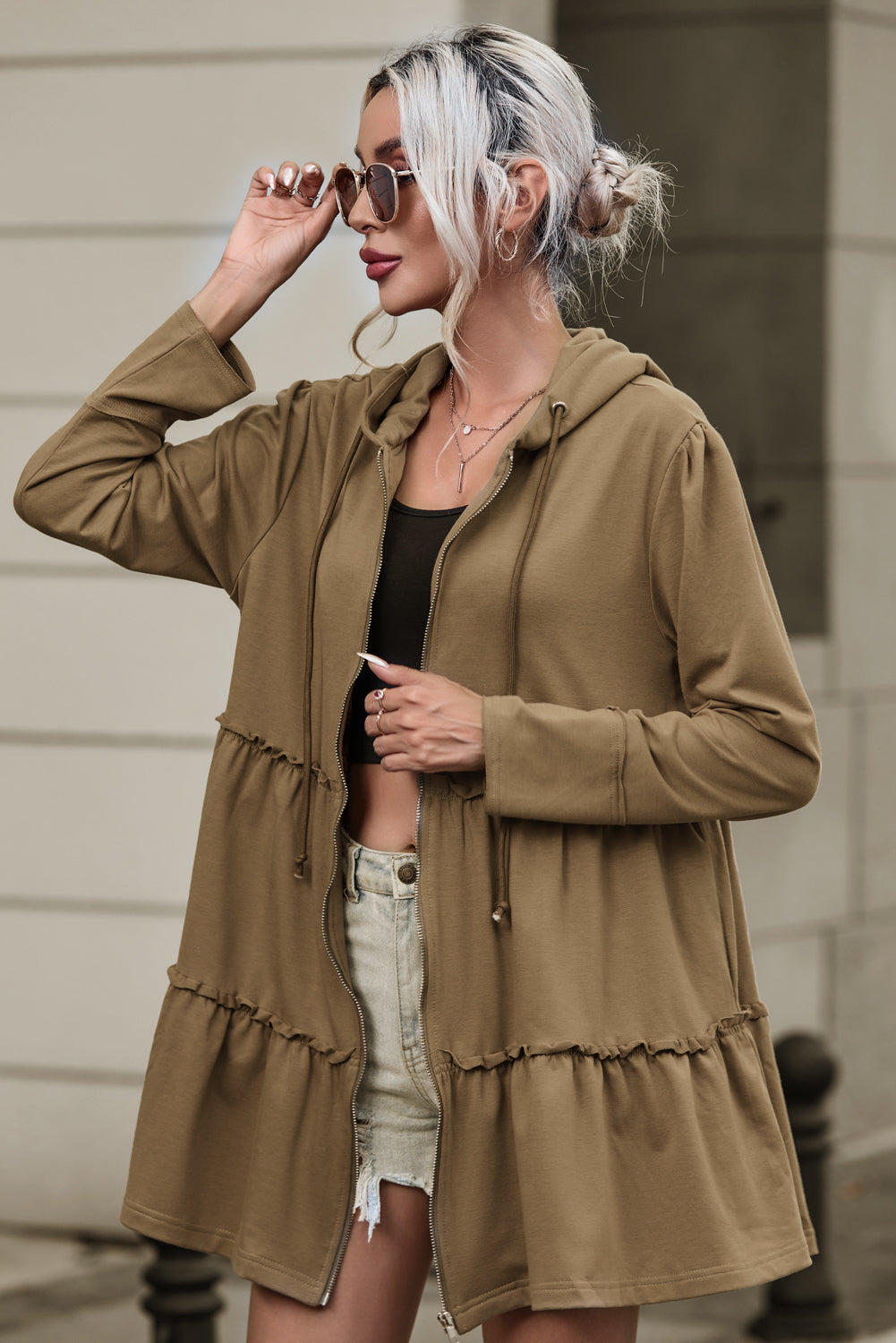 Khaki Tiered Ruffled Zip-Up Drawstring Hooded Jacket