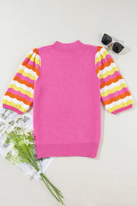 Pink Ribbed Knit Contrast Sleeve Sweater Top