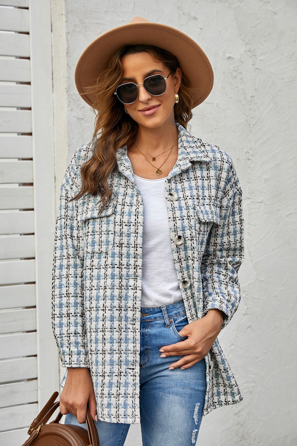 Sky Blue Plaid Print Button Knitted Jacket with Pocket