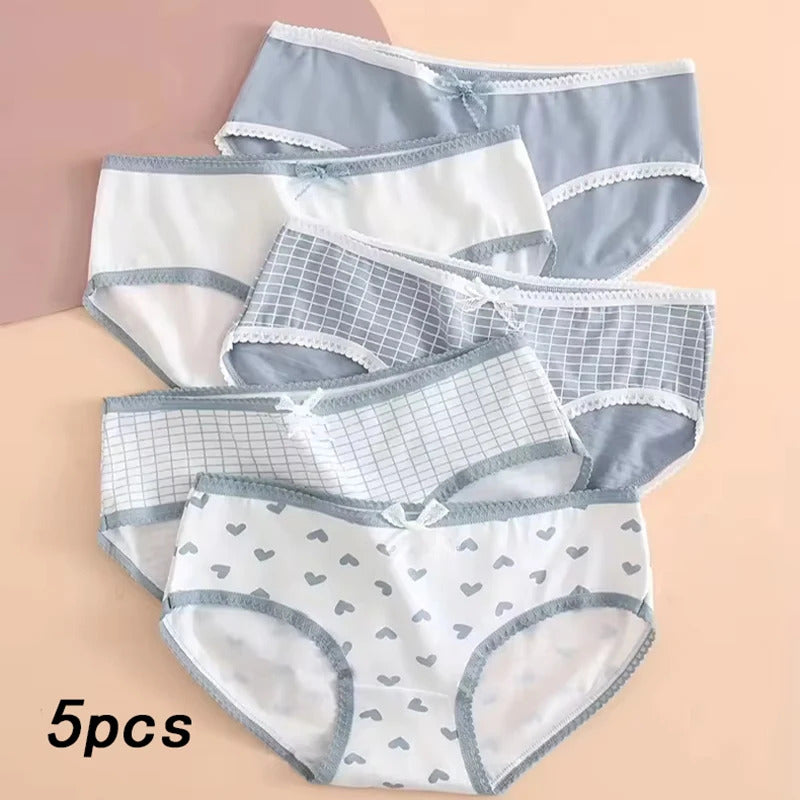 5pcs Heart Plaid Print Briefs Comfy Cute Bow Intimates Panties Women's Lingerie Underwear