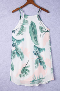 White Palm Tree Leaf Print Ivory Sleeveless Dress