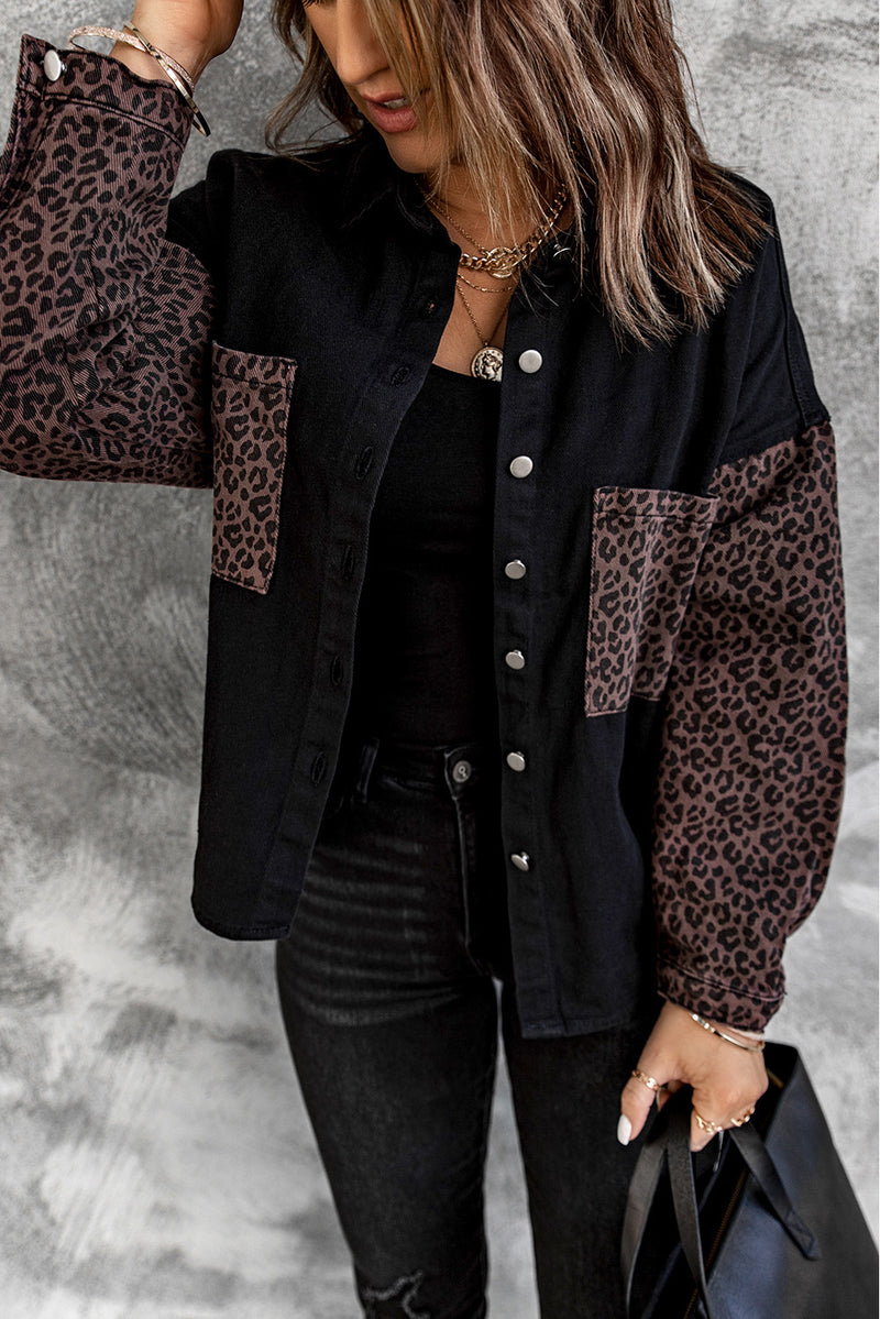 White Contrast Leopard Denim Jacket