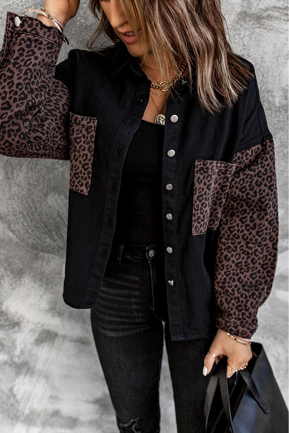 Blank Apparel - Black Contrast Leopard Denim Jacket