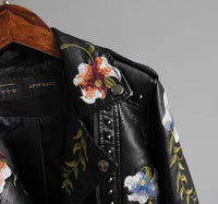 Women Floral Print Embroidery Faux Soft Leather Jacket Coat Turn-down Collar Casual Pu Motorcycle Black Punk Outerwear