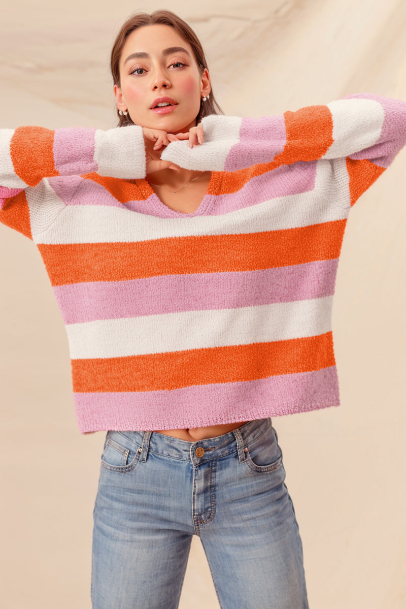 Orange Stripe Colorblock V Neck Casual Sweater