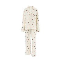 Summer New Love Heart Print Pyjama 100% Cotton Long Sleeve Set 2Pcs Outfit Lapel Sleepwear Button Down Women's Pajamas Nightwear