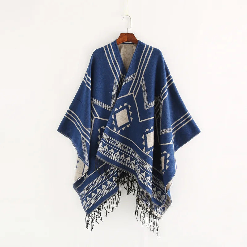 Cloak Poncho Capes 2024 New Indian Nepalese Style Geometric Tassel Split Women Shawl Warm Air Conditioning Room Lady Blue