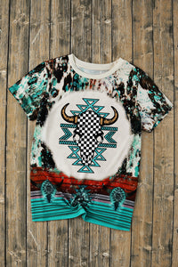 Green Western Checkered Steer Head Bleached Graphic Tee