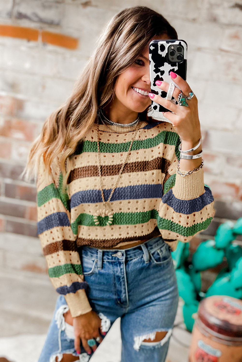 Tan Striped Hollowed Knitted Loose Sweater