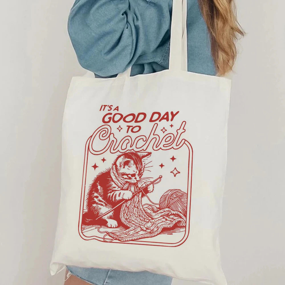 Its A Good Day To Crochet Cat Tote Bag Library Book Bag Booktrovert Tote Bag Book Lover Tote Bag Canvas Handbag Makeup Bag Set