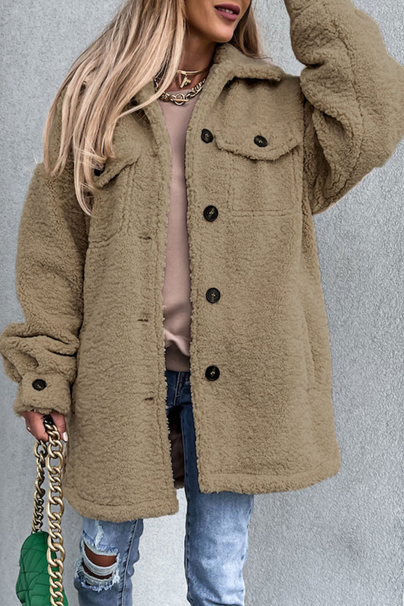 Camel Sherpa Turn-Down Collar Flap Pocket Jacket