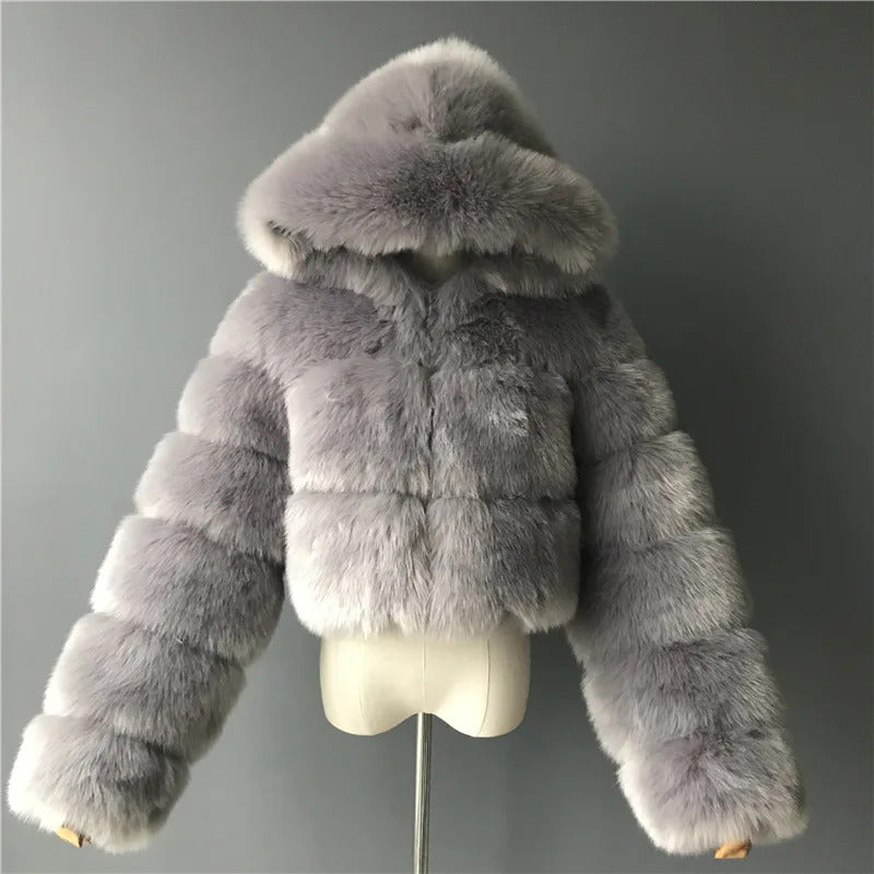 High Quality Furry Cropped Faux Fur Coats and Jackets Women Fluffy Top Coat With Hooded Winter Fur Jacket Manteau Femme