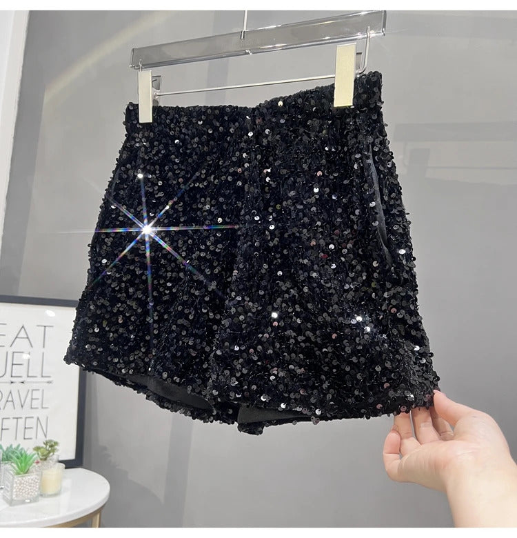 Europe and America Sequined Black Shorts Slim Suede Embroidered Beads Grey Casual Pants Women's Hot Pants