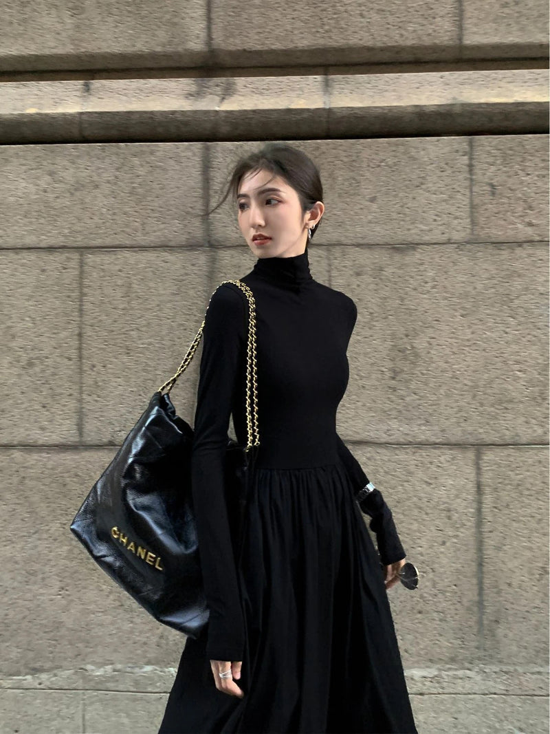 With Coat Knitted Fishtail Dress Women Autumn and Winter Long Hepburn Sle Black Dress Slim fit Inner wear Bottoming Sweater...