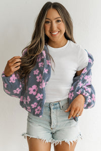 Multicolour Flower Zip up Sherpa Jacket