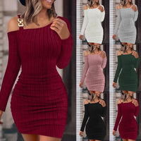 Sexy Chain Off Shoulder Mini Dress Women Autumn Fashion Bodycon Long Sleeve Dresses For Women Winter Skinny Knitted Vestidaos